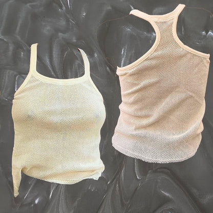 cream racerback tank top in a textured cotton mesh fishnet